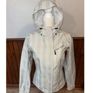Helly‎ Hansen Light Beige Cream Plaid Full Zip Hooded Raincoat Jacket Size Small